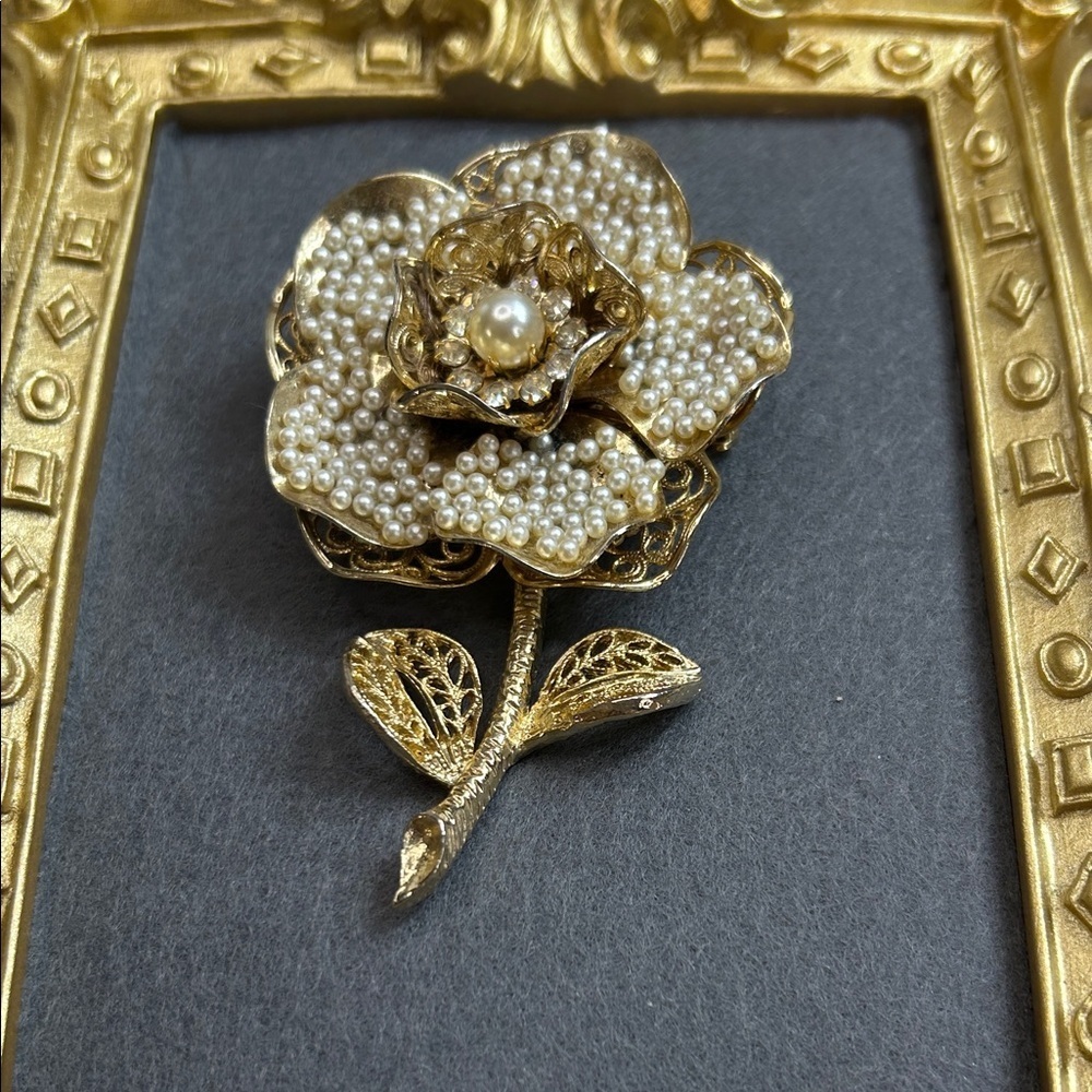 1950s vintage Oversized Coro flower brooch gold filigree petals with faux pearls